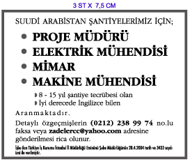 H�RR�YET GAZETES� �NSAN KAYNAKLARI ELEMAN �LANI; PROJE M�D�R� MAK�NA M�HEND�S�