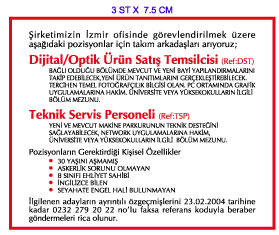 H�RR�YET GAZETES�NE �NSAN KAYNAKLARI ELEMAN �LANI; D�J�TAL OPT�K �R�N SATI� UZMANI