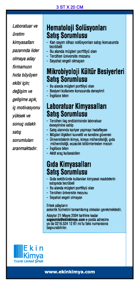 H�RR�YET �K �NSAN KAYNAKLARI ELEMAN �LANI; Ekin Kimya