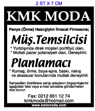 H�RR�YET GAZETES� �NSAN KAYNAKLARI ELEMAN �LANI; KMK MODA PLANLAMACI M��TER� TEMS�LC�S�