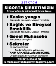 H�RR�YET GAZETES� �NSAN KAYNAKLARI ELEMAN �LANI; S�GORTA ��RKET�NE MUHASEBE SEKRETER